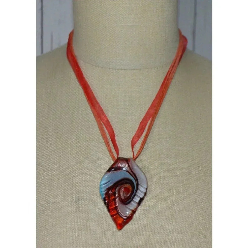 Red Blue Purple Swirl Glass Pendant Necklace